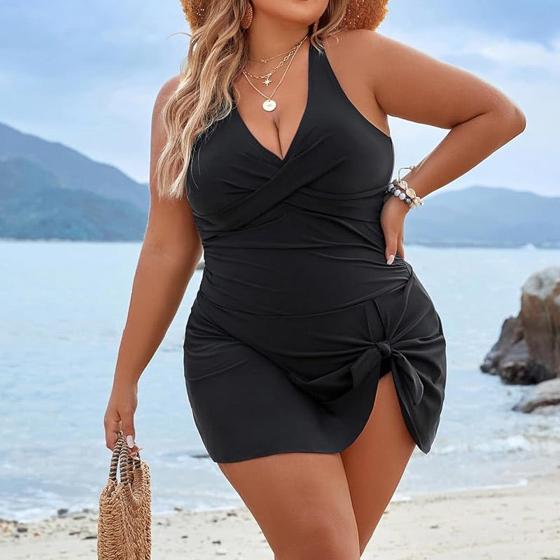 Damski jednoczęściowy kostium kąpielowy Plus Size z dekoltem w szpic