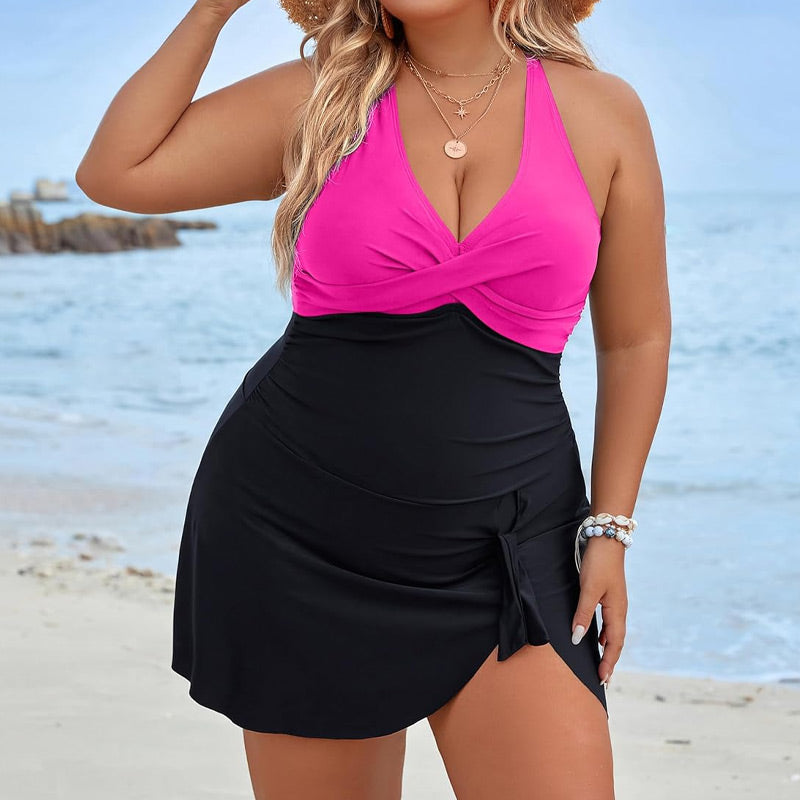 Damski jednoczęściowy kostium kąpielowy Plus Size z dekoltem w szpic