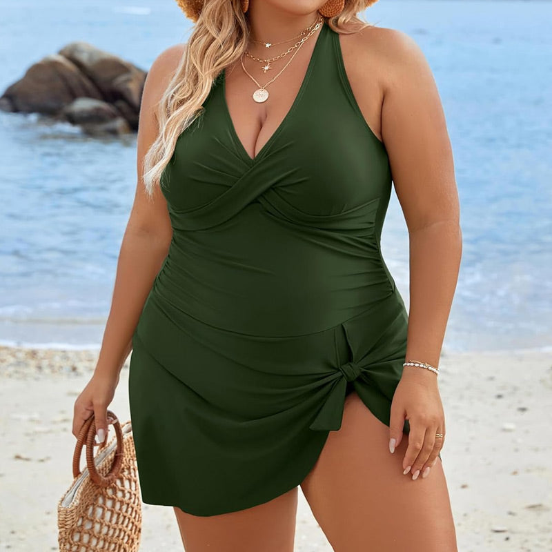Damski jednoczęściowy kostium kąpielowy Plus Size z dekoltem w szpic