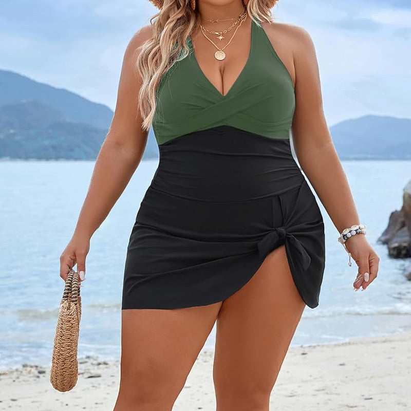 Damski jednoczęściowy kostium kąpielowy Plus Size z dekoltem w szpic