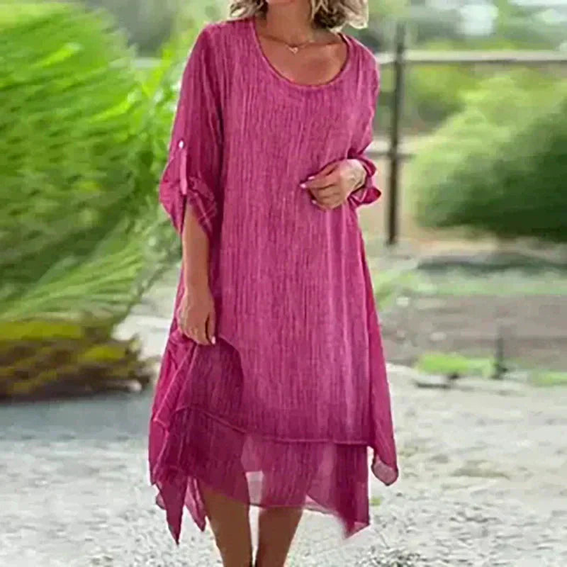 🔥👗Elegancka damska sukienka z okrągłym dekoltem w jednolitym kolorze o luźnym kroju
