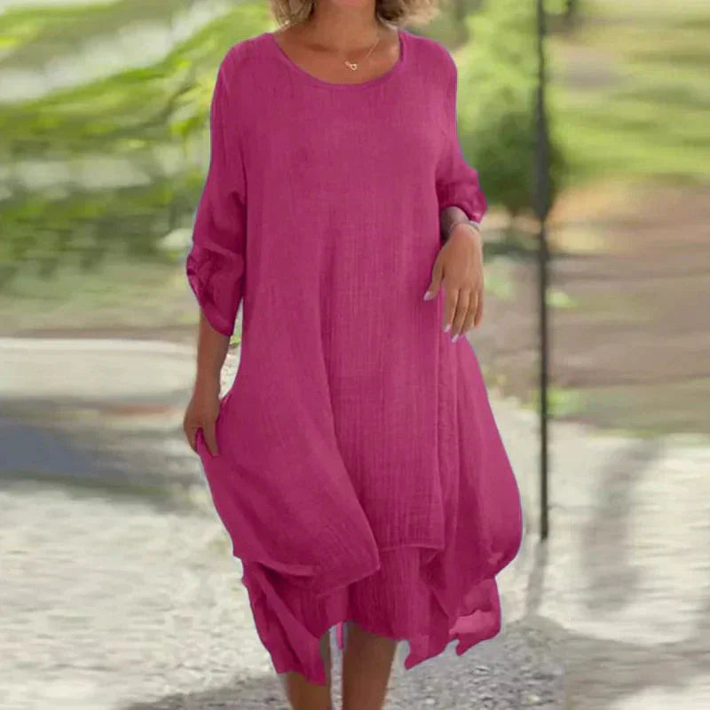🔥👗Elegancka damska sukienka z okrągłym dekoltem w jednolitym kolorze o luźnym kroju