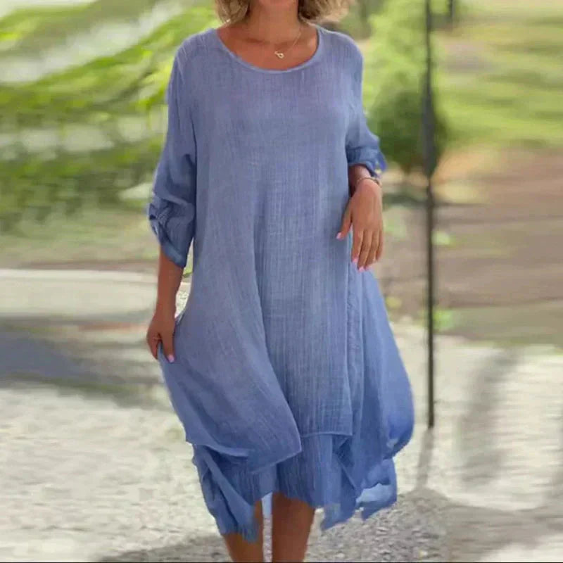🔥👗Elegancka damska sukienka z okrągłym dekoltem w jednolitym kolorze o luźnym kroju
