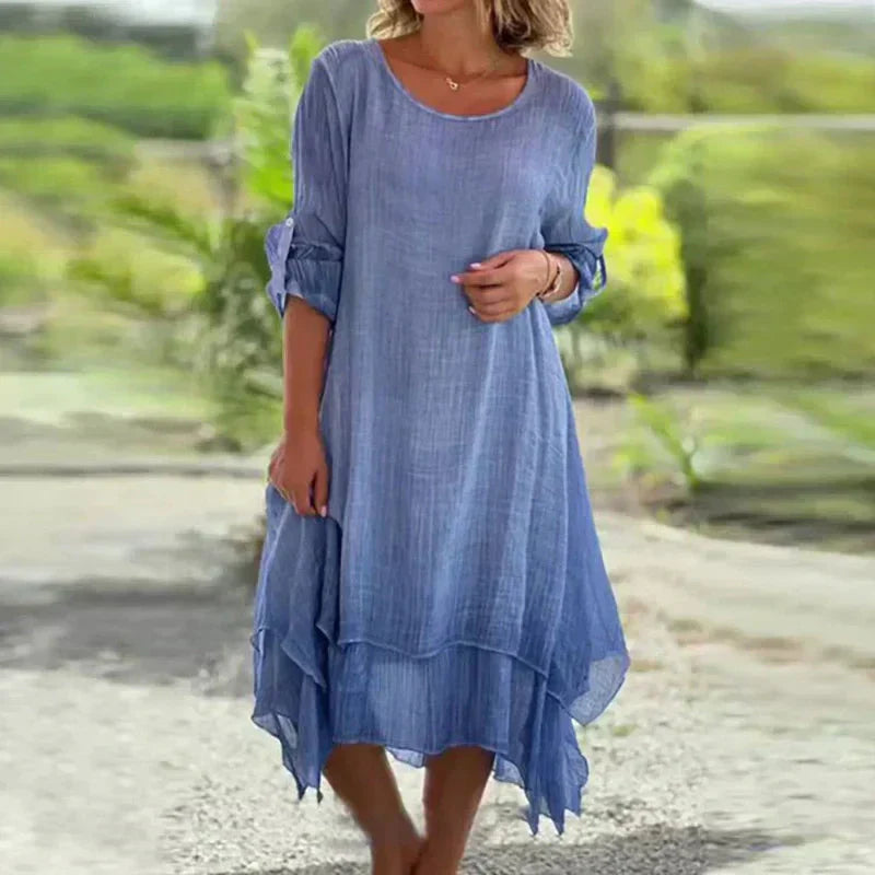 🔥👗Elegancka damska sukienka z okrągłym dekoltem w jednolitym kolorze o luźnym kroju