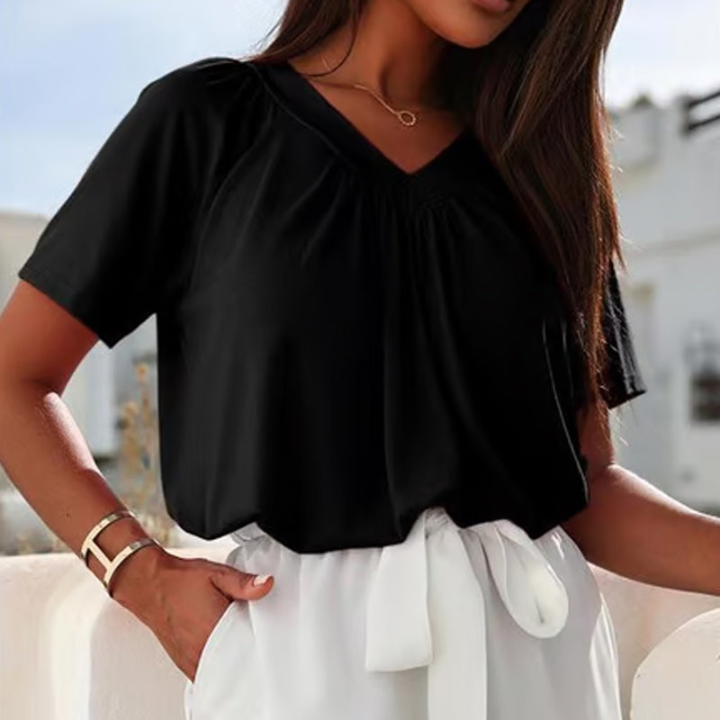 【S-3XL】👚Damska plisowana koszulka z krótkim rękawem z dekoltem w szpic