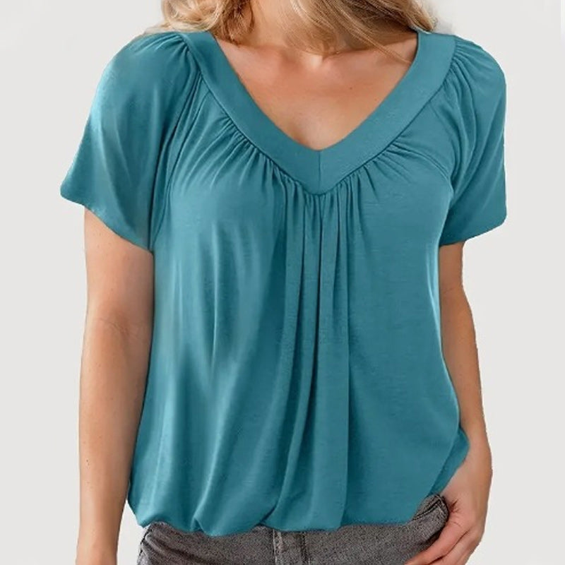 【S-3XL】👚Damska plisowana koszulka z krótkim rękawem z dekoltem w szpic