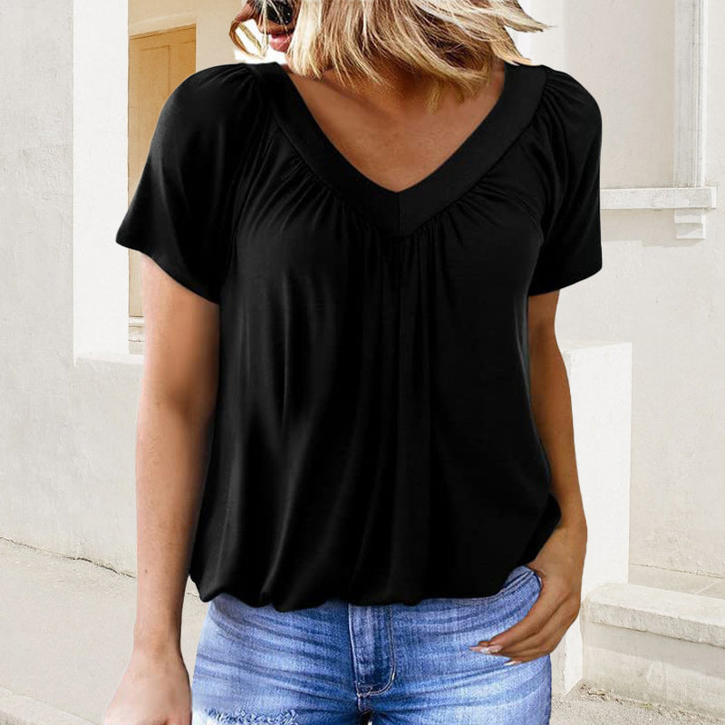 【S-3XL】👚Damska plisowana koszulka z krótkim rękawem z dekoltem w szpic