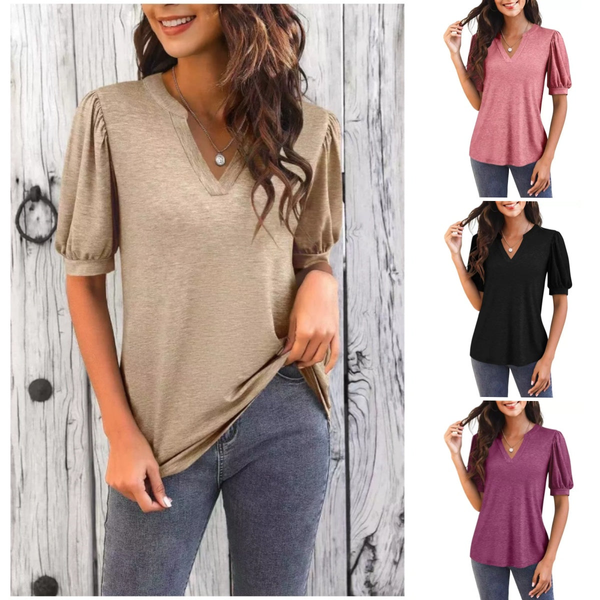 🔥👚Damska koszulka z dekoltem w serek i krótkim rękawem, swobodna, elegancka