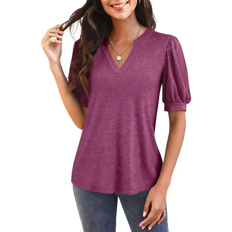 🔥👚Damska koszulka z dekoltem w serek i krótkim rękawem, swobodna, elegancka