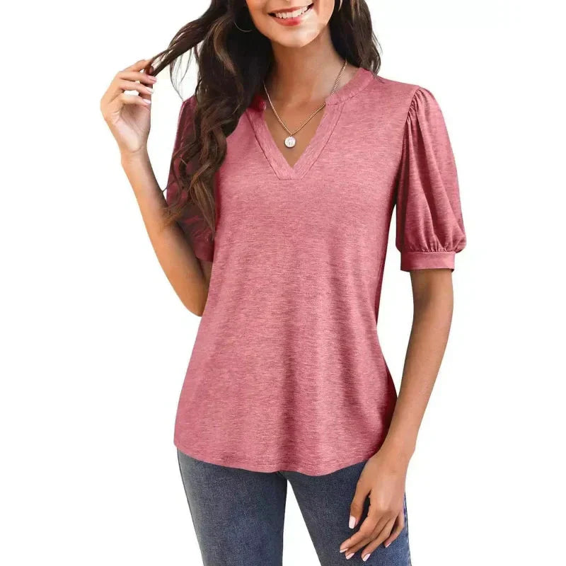 🔥👚Damska koszulka z dekoltem w serek i krótkim rękawem, swobodna, elegancka