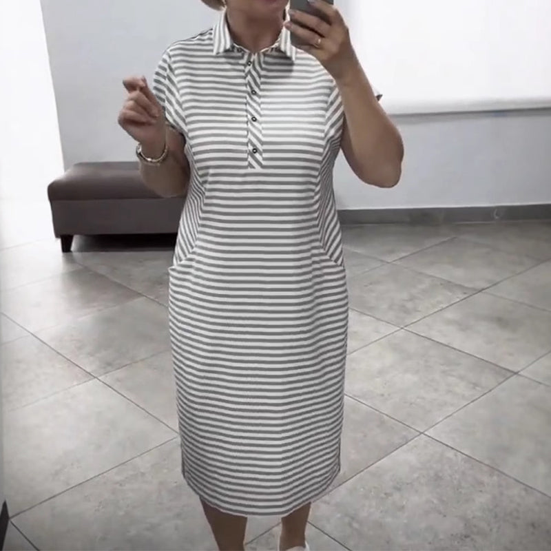Damska casualowa sukienka w paski z krótkim rękawem