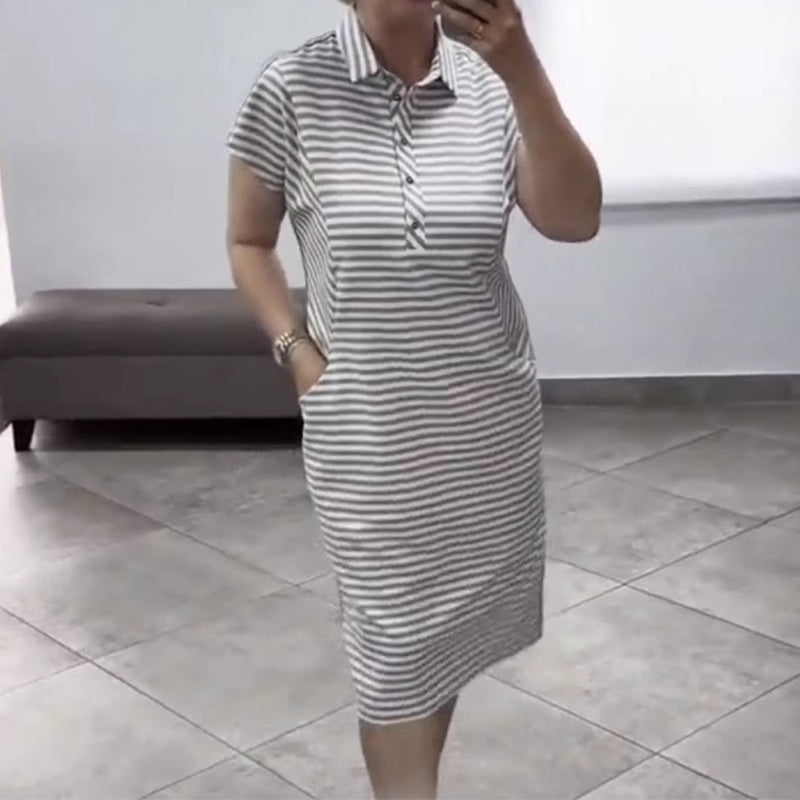 Damska casualowa sukienka w paski z krótkim rękawem