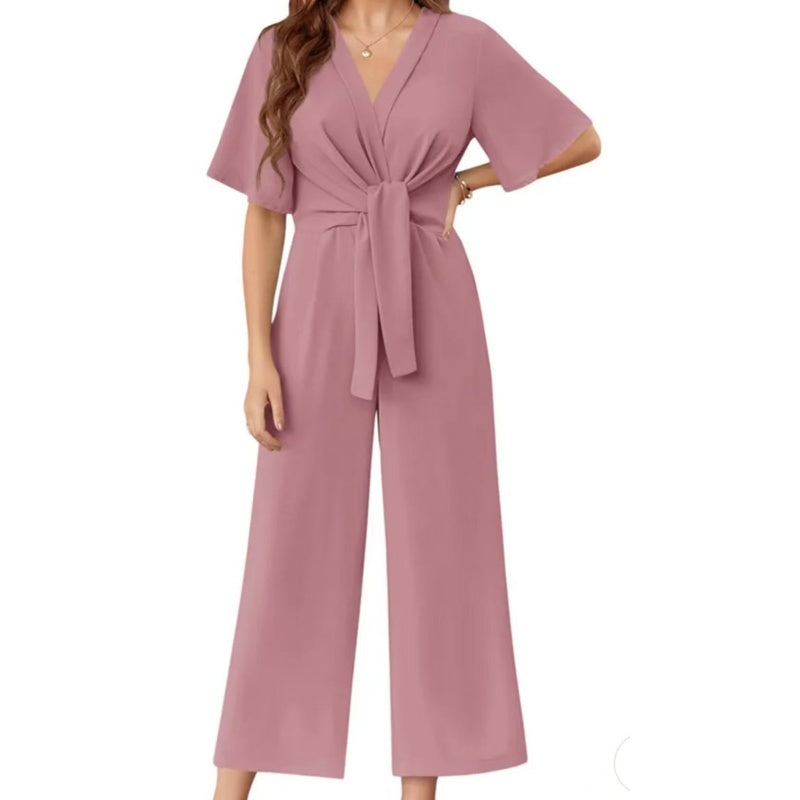 🌸Elegancki damski kombinezon z szerokim dekoltem w szpic i wiązaniem w talii