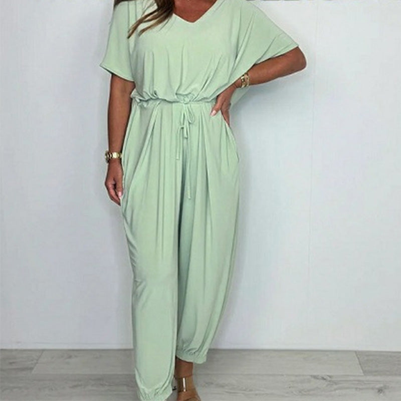 💖【S-3XL】Luźny kombinezon z dekoltem w szpic w jednolitym kolorze