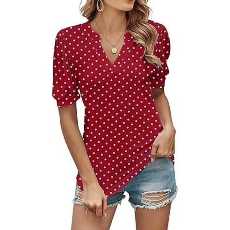 🌸Damski top w kropki z bufiastym rękawem i dekoltem w serek✨