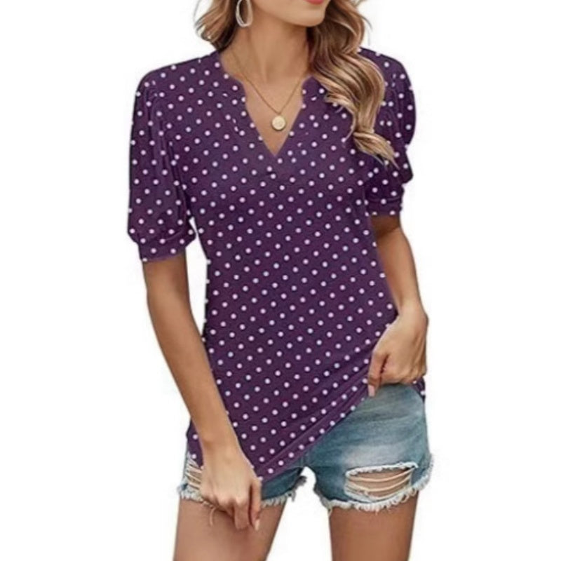 🌸Damski top w kropki z bufiastym rękawem i dekoltem w serek✨