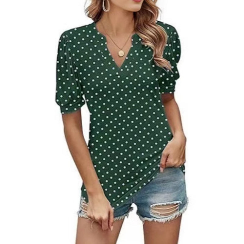 🌸Damski top w kropki z bufiastym rękawem i dekoltem w serek✨