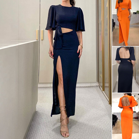 👗Sukienka midi bez pleców z wycięciem w talii i rozcięciem