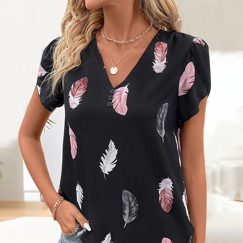 ✨Damski stylowy top z dekoltem w serek z wzorem piór