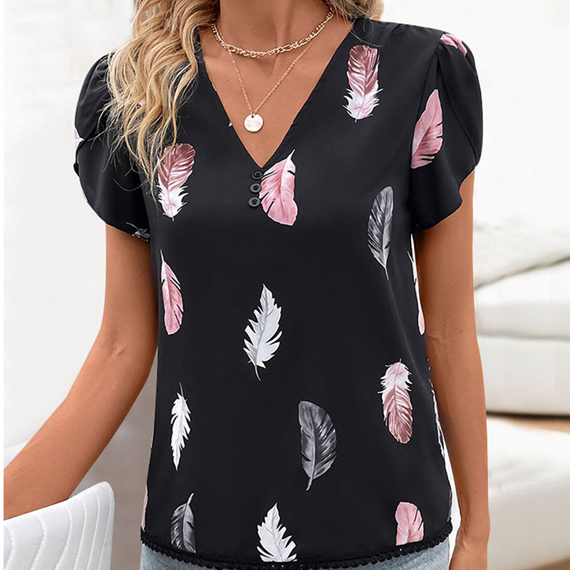 ✨Damski stylowy top z dekoltem w serek z wzorem piór