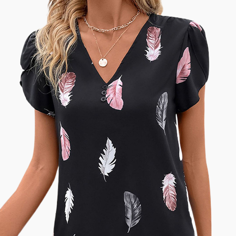 ✨Damski stylowy top z dekoltem w serek z wzorem piór