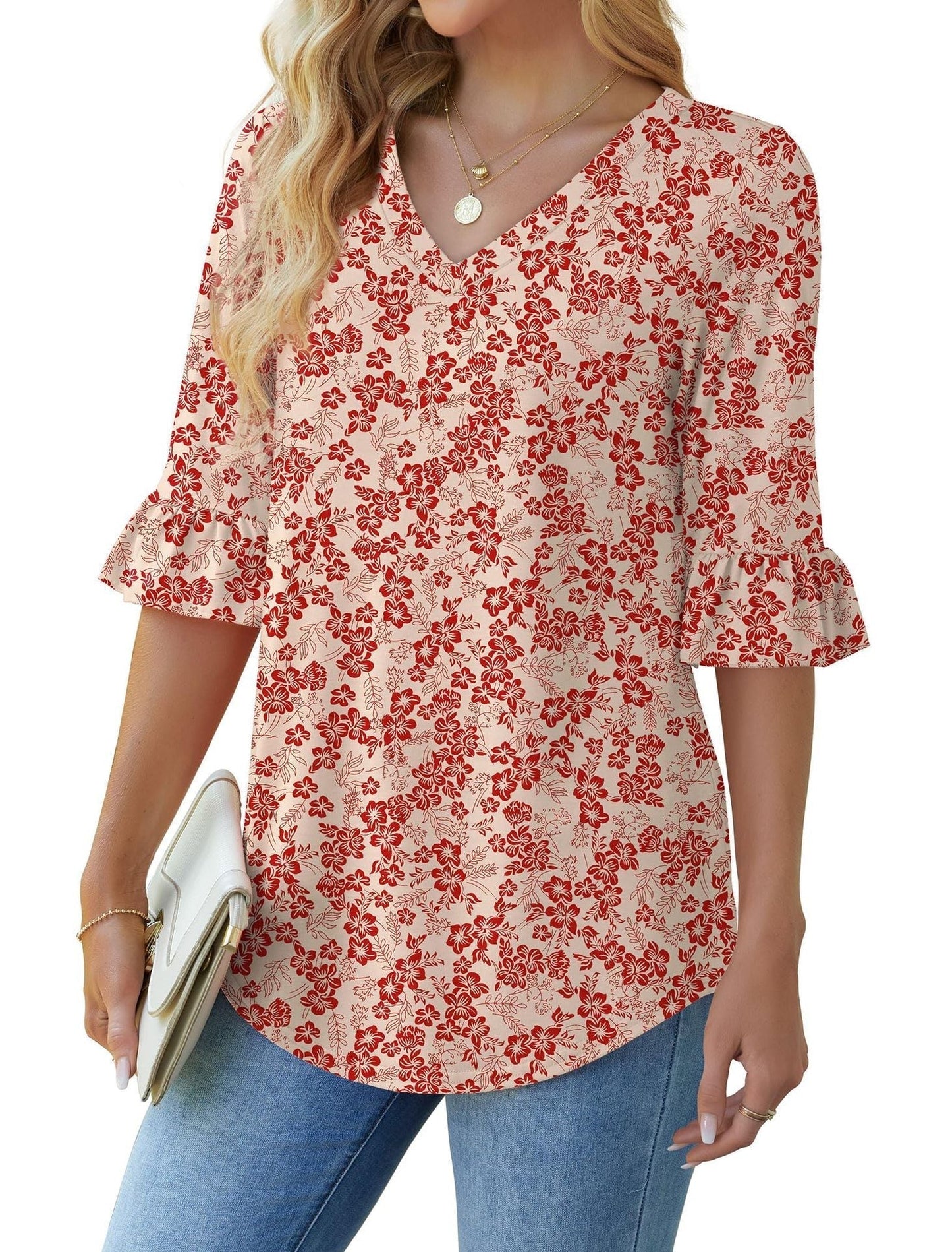 💕Bluza damska z wycięciem na szyję z falbanką Bluze🎁
