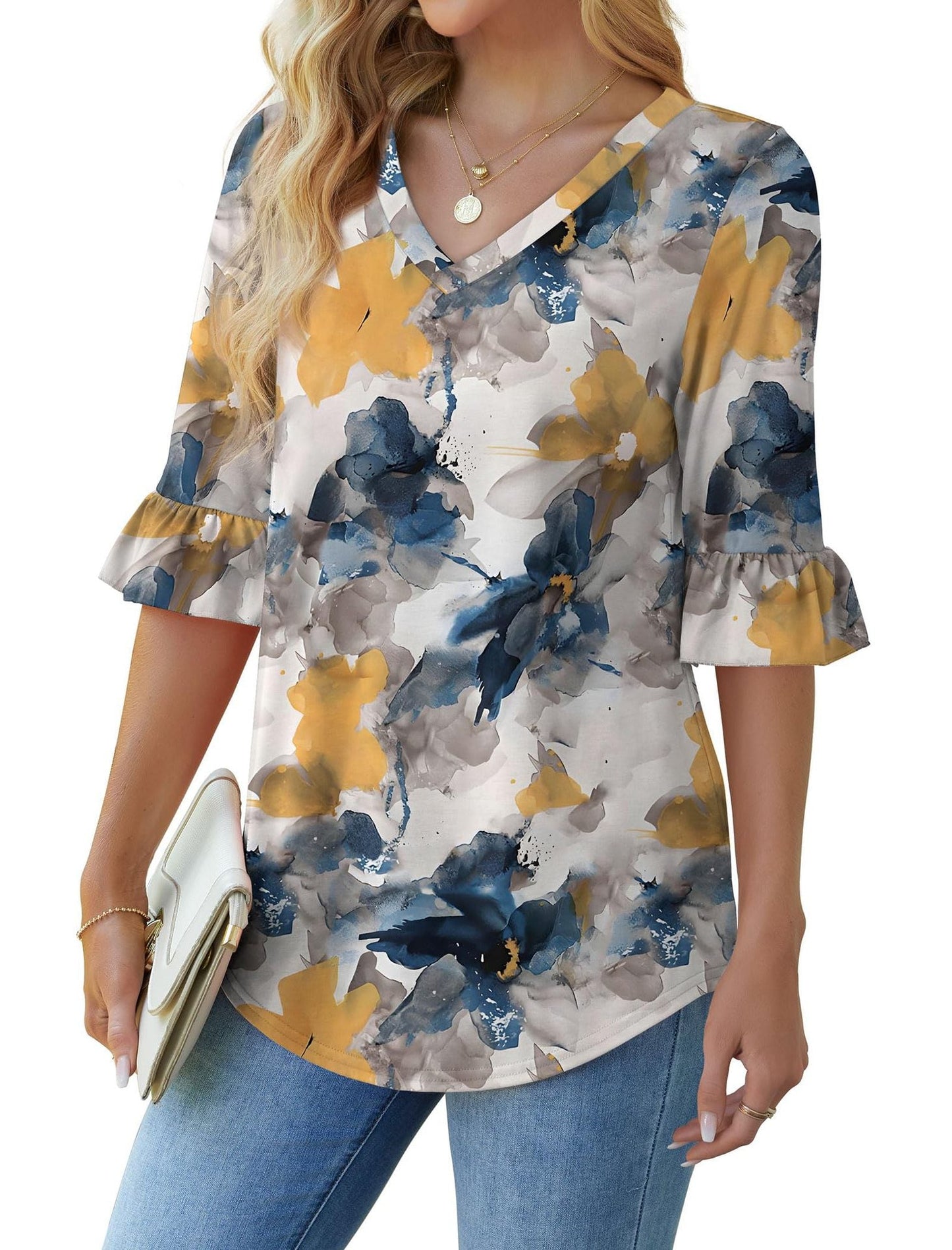 💕Bluza damska z wycięciem na szyję z falbanką Bluze🎁