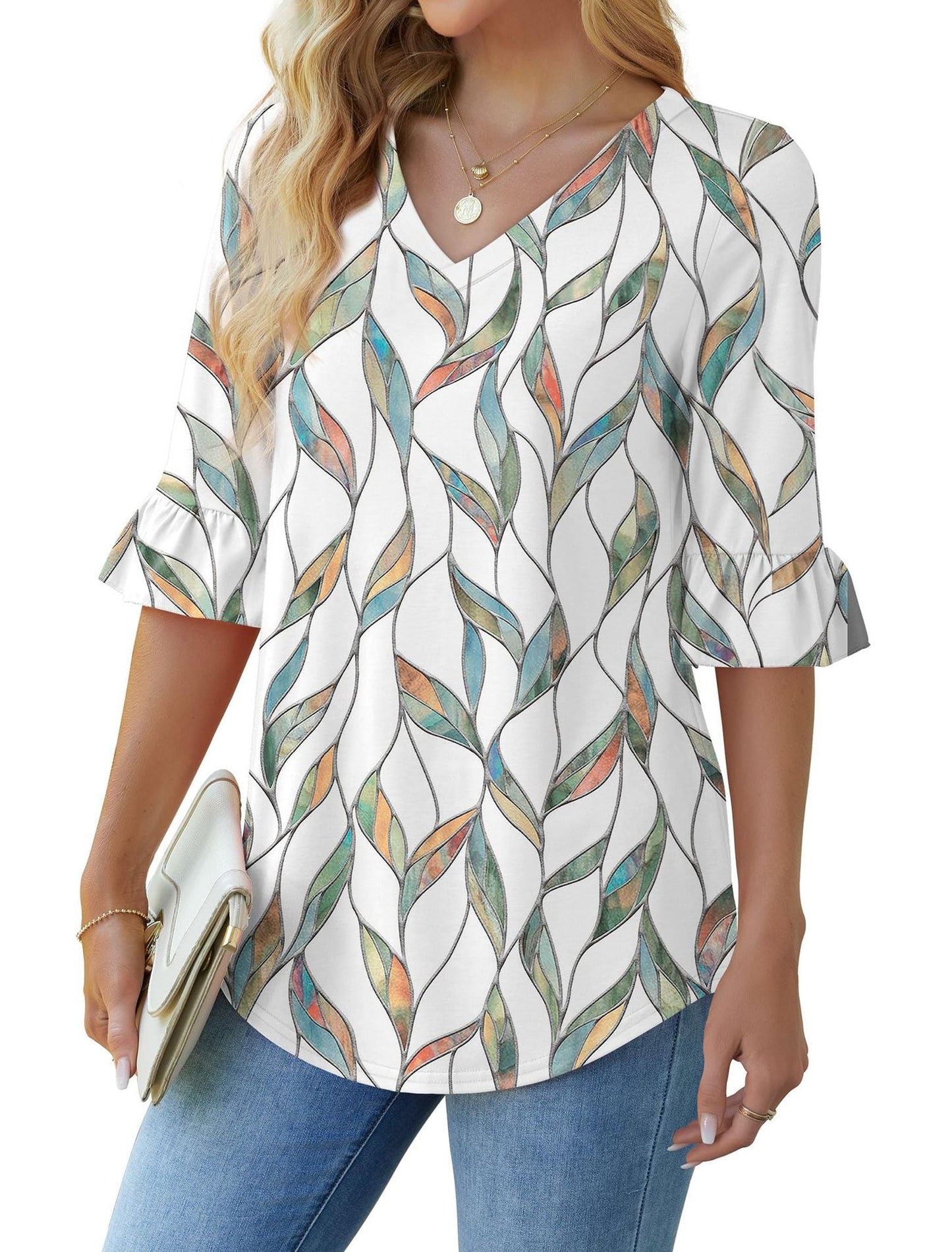 💕Bluza damska z wycięciem na szyję z falbanką Bluze🎁