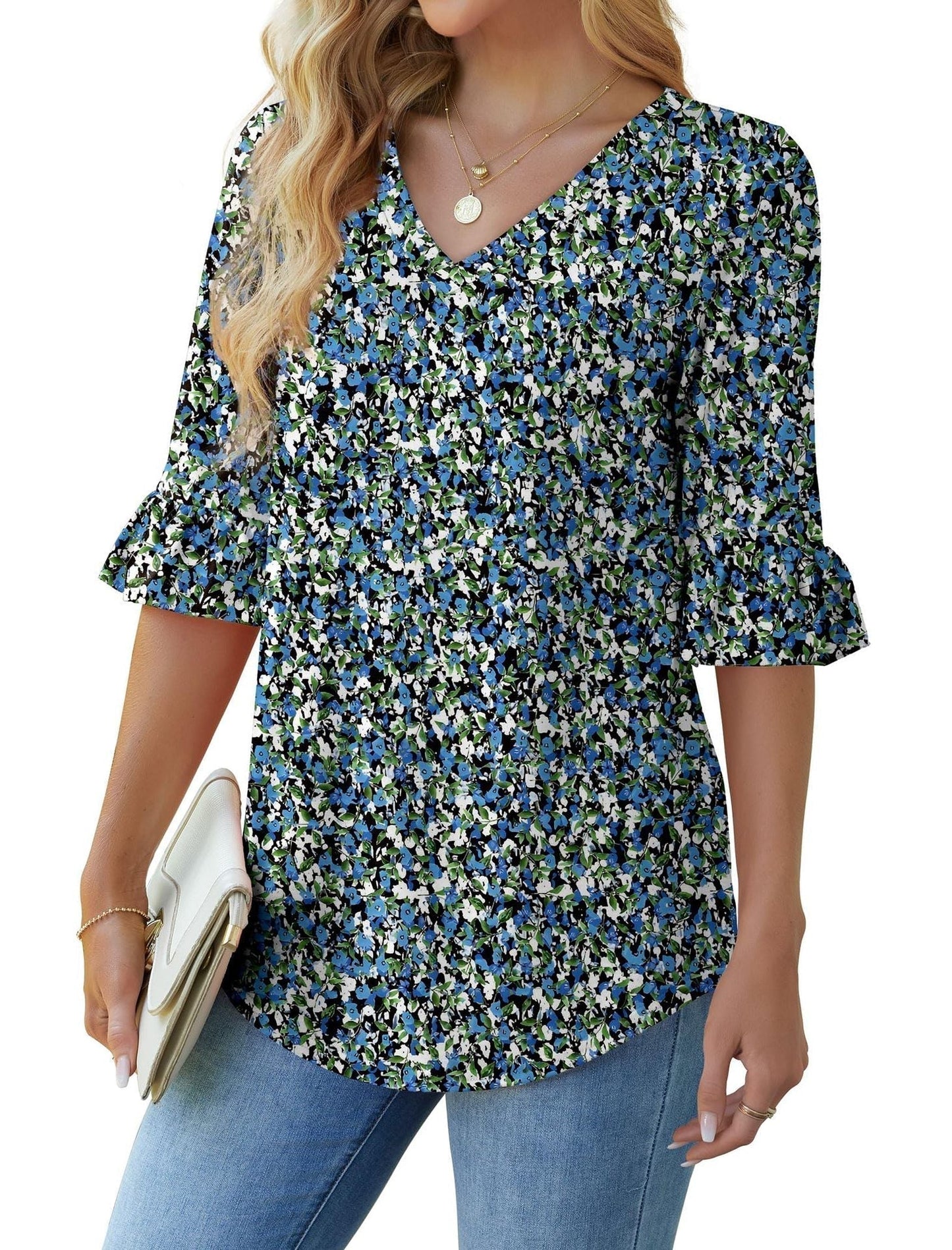 💕Bluza damska z wycięciem na szyję z falbanką Bluze🎁