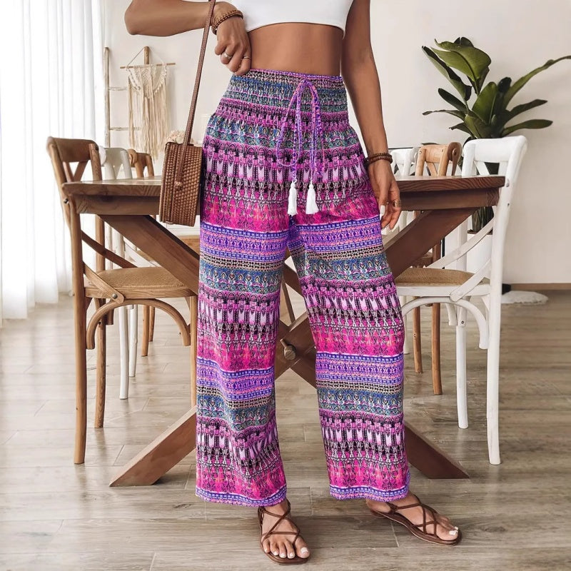 【S-2XL】Damskie spodnie casualowe z wysokim stanem i nadrukiem w stylu boho