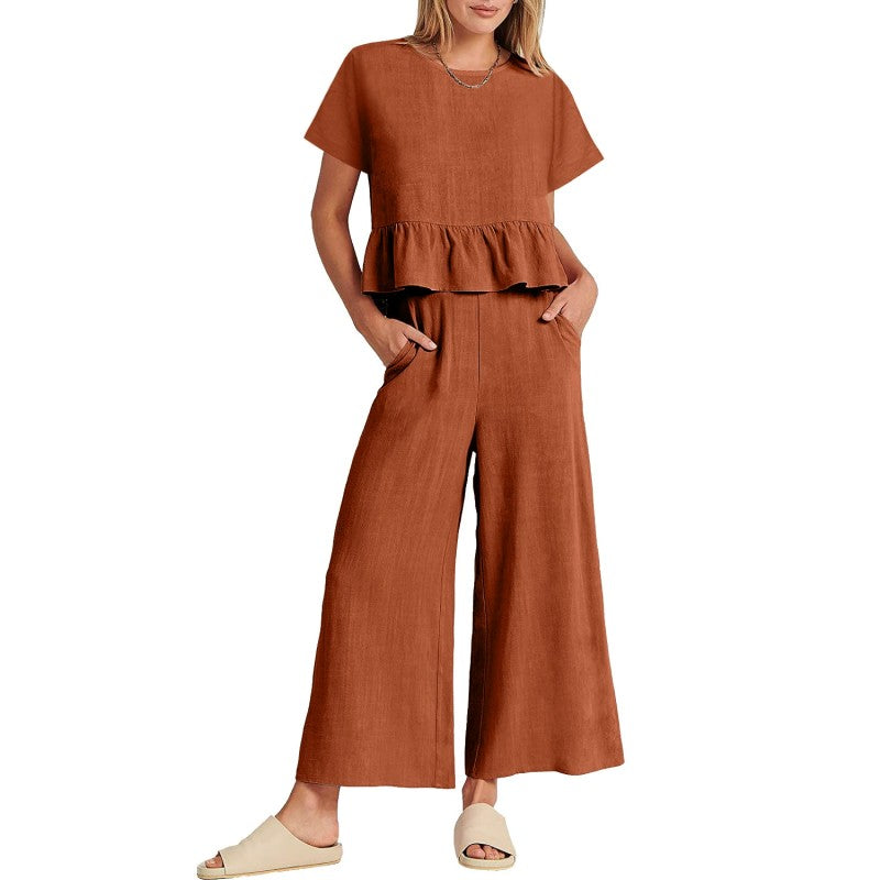 Damski casualowy top z krótkim rękawem i spodnie z szerokimi nogawkami 🍃 2-częściowy zestaw 💃✨
