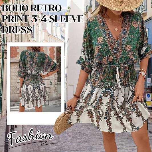 🎀Sukienka Boho Retro z rękawem 3/4 i dekoltem w serek