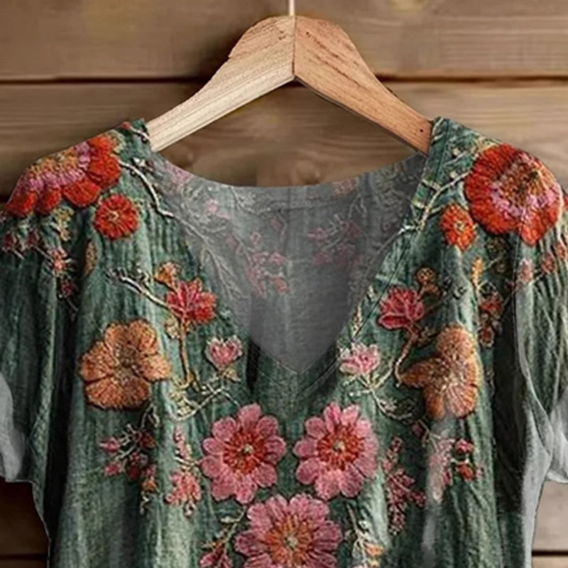 Vintage Washed Green Kwiatowy top z dekoltem w serek