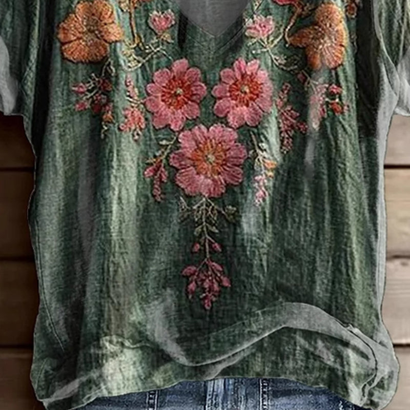 Vintage Washed Green Kwiatowy top z dekoltem w serek