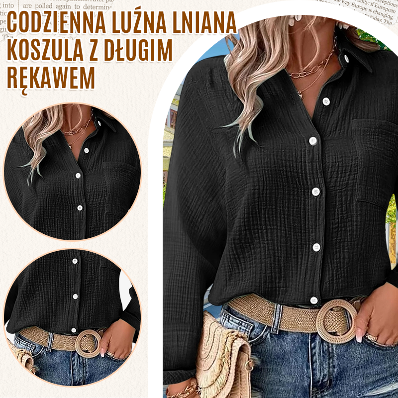 Codzienna luźna lniana koszula z długim rękawem