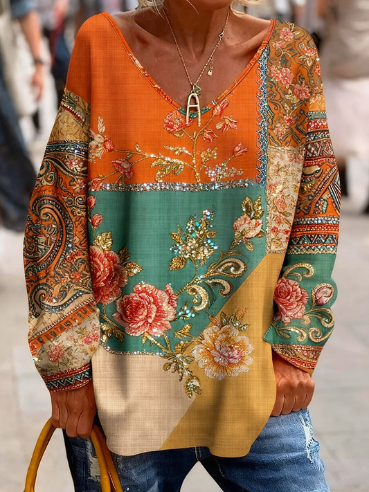 Ретро бохемски цветен печат реколта случайни памук v врата с дълги ръкави тениска