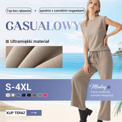 Damski casualowy zestaw: Top bez rękawów i spodnie z szerokimi nogawkami