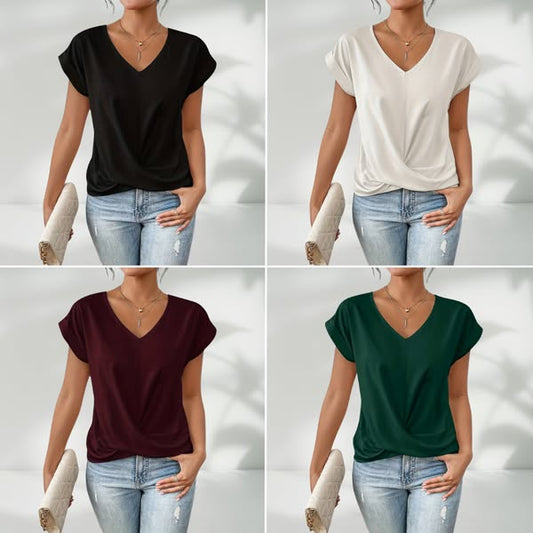 🔥👚 【S-2XL】Casual Krótki Rękaw Elegancki T-shirt z Dekoltem w Serek