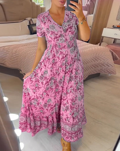 🌺Letnia Sukienka Must Have | Botaniczny Print & Szlifowany Dekolt | Dopasowana w Talii | Bawełna Organic 240GSM