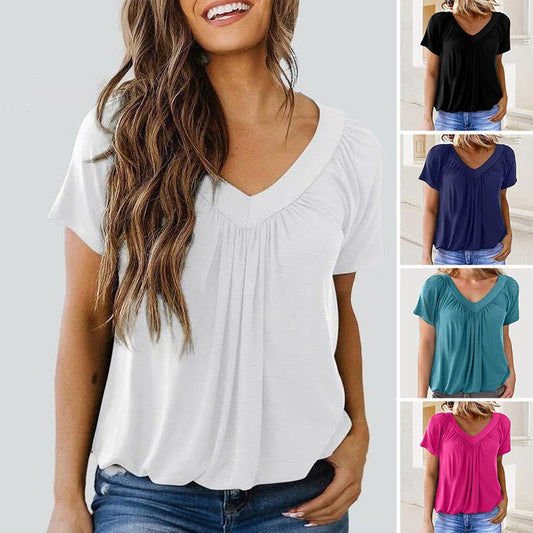 【S-3XL】👚Damska plisowana koszulka z krótkim rękawem z dekoltem w szpic