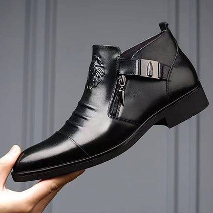 👞 SKÓRZANE BOTKI MĘSKIE Z PODWÓJNYM ZAMKIEM BŁYSKAWICZNYM I SZPICZASTYM NOSKIEM