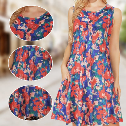 Damska sukienka bez rękawów z nadrukiem i kieszeniami👗