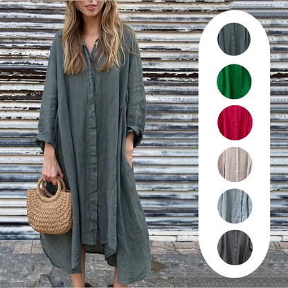 🌼【S-4XL】Bawełniana lniana sukienka koszulowa z długim rękawem