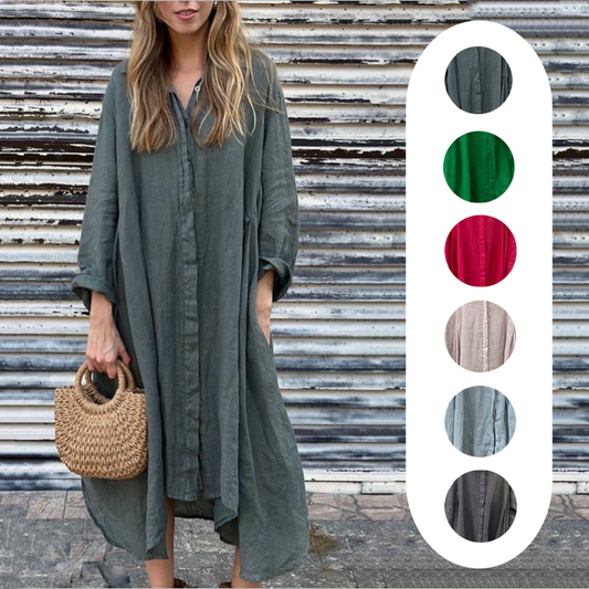 🌼【S-4XL】Bawełniana lniana sukienka koszulowa z długim rękawem