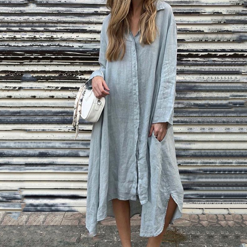 🌼【S-4XL】Bawełniana lniana sukienka koszulowa z długim rękawem