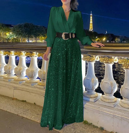 Elegancka bluzka z długim rękawem z dekoltem w szpic i szerokimi spodniami z cekinami💝