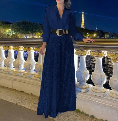 Elegancka bluzka z długim rękawem z dekoltem w szpic i szerokimi spodniami z cekinami💝