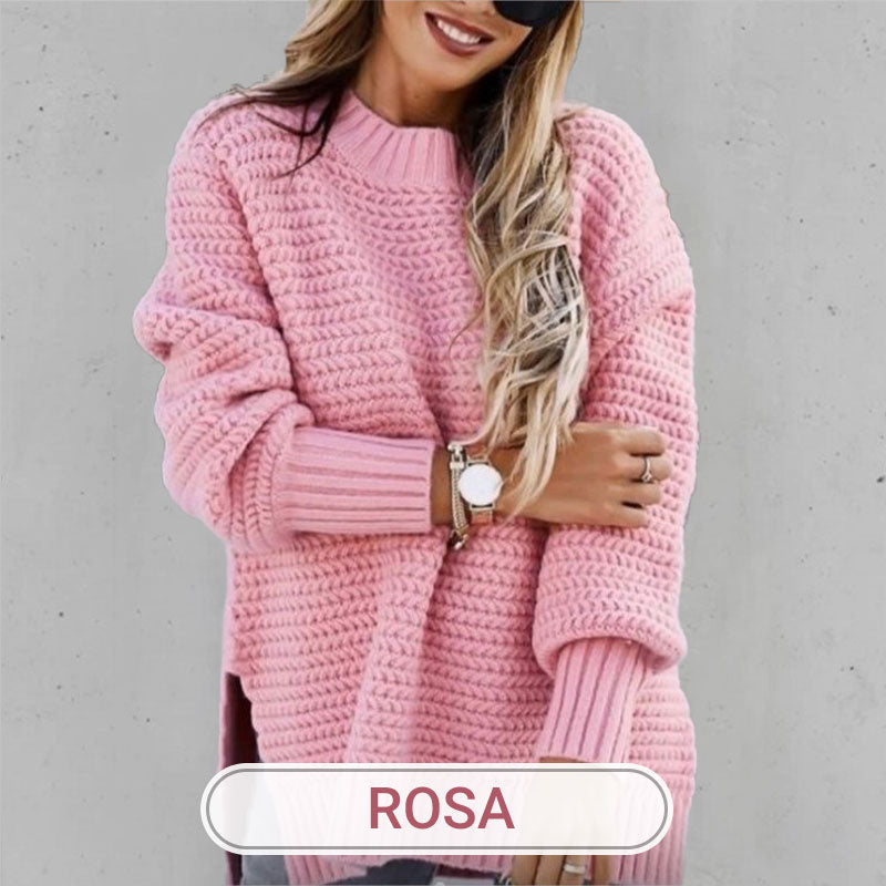 🌹 SWETER Z DZIANINY W JEDNOLITYM KOLORZE Z ROZCIĘCIAMI PO BOKACH I OKRĄGŁYM DEKOLTEM