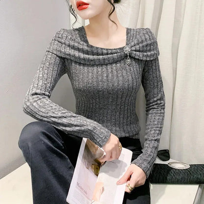 🎀 ELEGANCKI DAMSKI TOP Z DZIANINY Z DŁUGIM RĘKAWEM O DOPASOWANYM KROJU