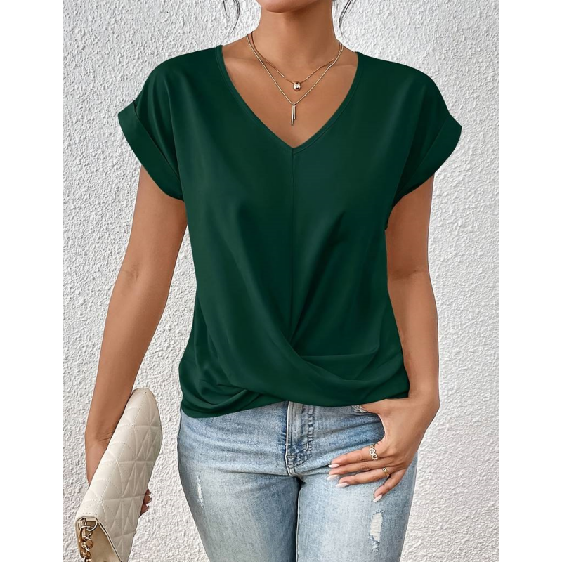 🔥👚 【S-2XL】Casual Krótki Rękaw Elegancki T-shirt z Dekoltem w Serek